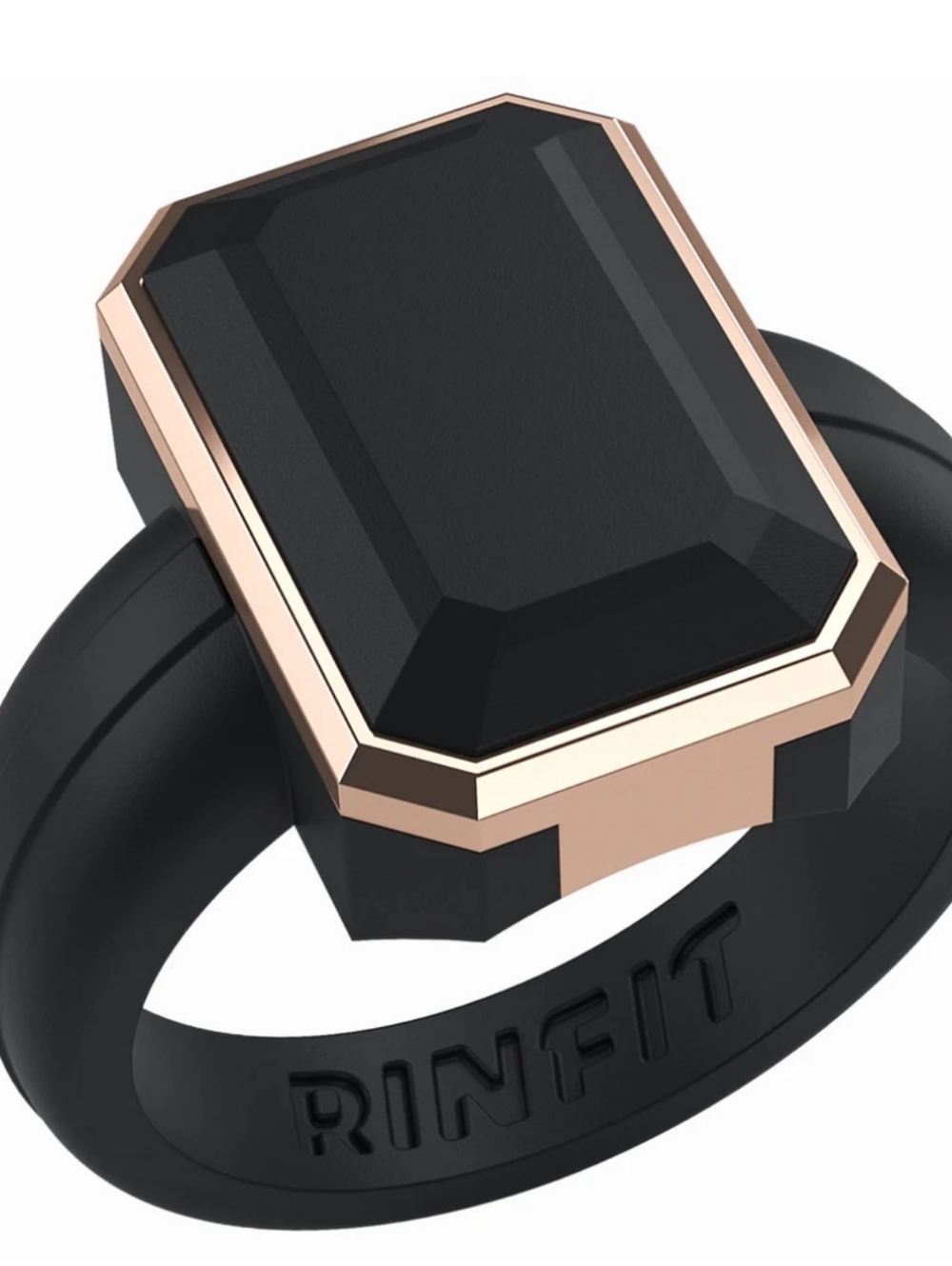 RINFIT  Emerald Cut Black Silicone Ring Rose Gold Faceted Stone Women Size 8